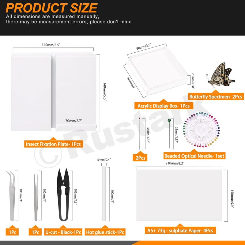 Rustark 15Pcs Making Insect Specimen Tools Kit Insect Pinning Kit with Insect Pins Wings Pressing Paper Insect Pinning Board Insect Display Case Entomology Supplies for Bugs Collection Science - Image 2